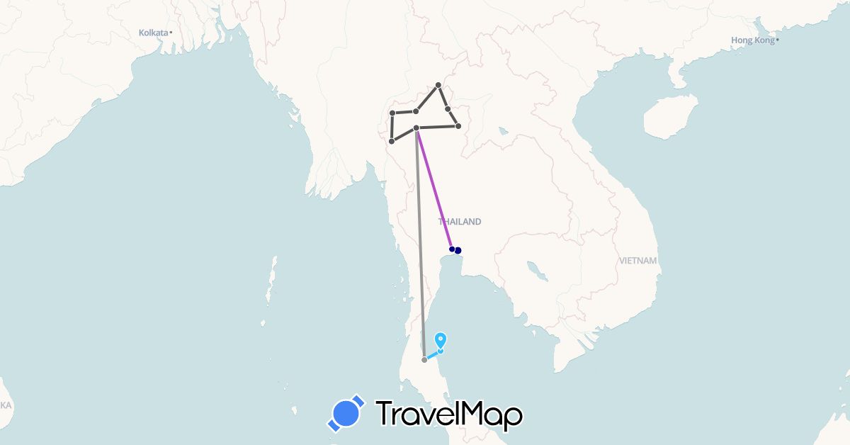 TravelMap itinerary: driving, plane, train, boat, motorbike in Thailand (Asia)